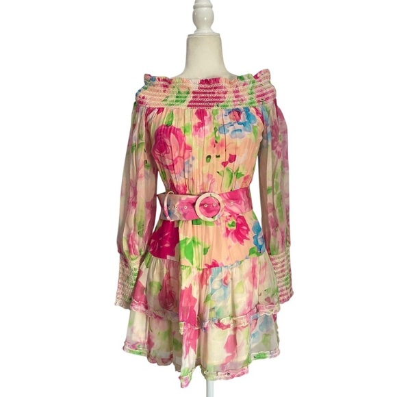 Rococo Sand Alora Mini Dress Multi Pink Floral Chiffon Off Shoulder NWT - Picture 7 of 7